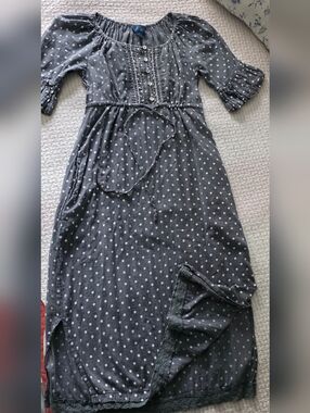 April Cornell Slate Blue And White Polka Dot Midi Dress